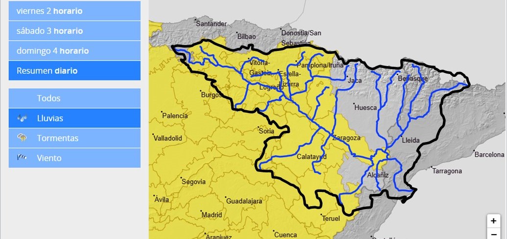 Como consecuencia de los avisos de la AEMET de lluvias intensas de hasta 15-20 l/m2 en 1 hora, la CHE advierte de la posibilidad de crecidas repentinas en barrancos y pequeños afluentes en la mitad oeste de la Cuenca del Ebro Como consecuencia de los avisos de la AEMET de lluvias intensas de hasta 15-20 l/m2 en 1 hora, la CHE advierte de la posibilidad de crecidas repentinas en barrancos y pequeños afluentes en la mitad oeste de la Cuenca del Ebro